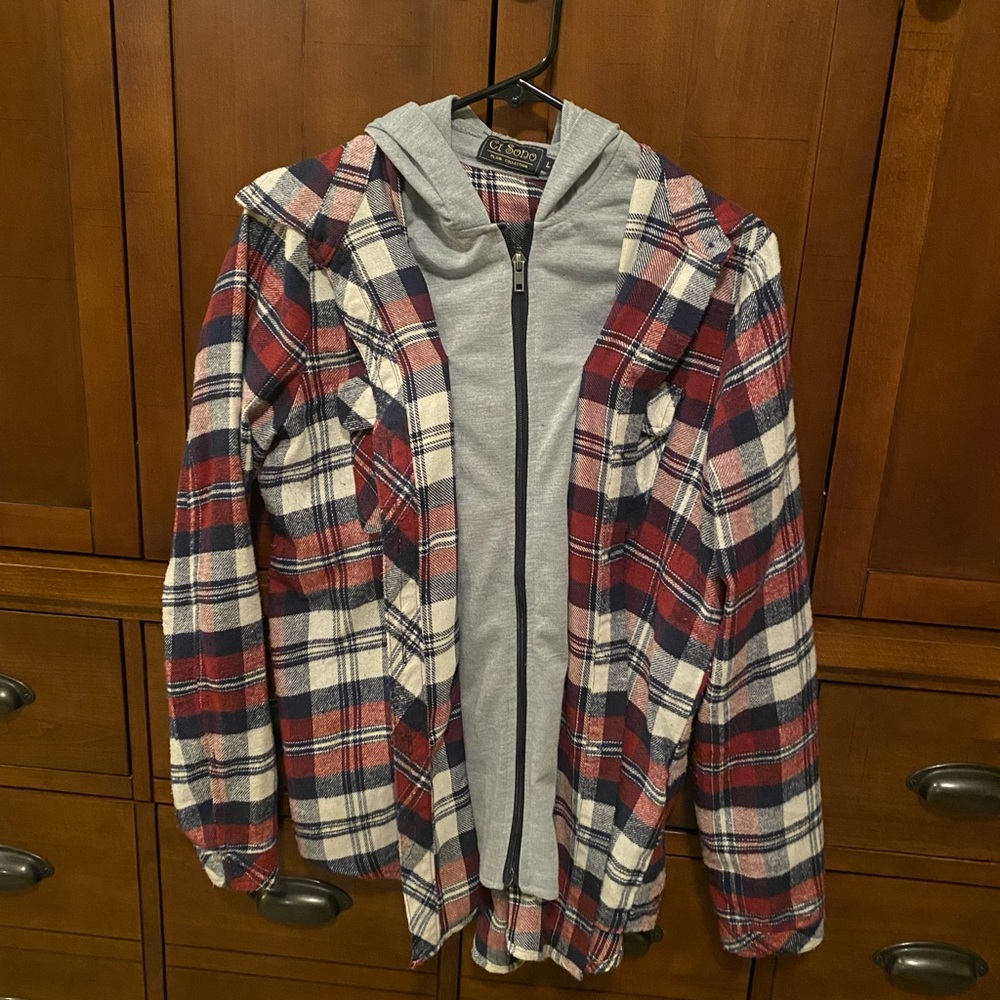 Womens Plaid jacket with grey hood and zipper.